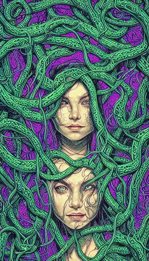 Image similar to very detailed portrait of a 2 0 years old girl surrounded by tentacles, the youg woman visage is blooming from fractal and vines, by dan mumford,