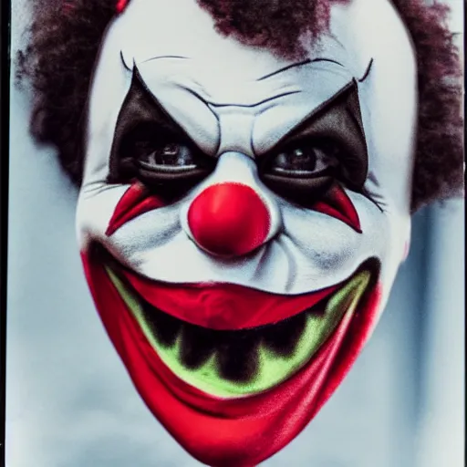 Image similar to polaroid of a screaming clown halloween mask