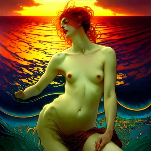 Image similar to transcendent mind bending indigo waves of glossy psychedelic liquid honey flowing like kaleidoscopic translucent amber, lsd waves, honey ripples, enlightenment, dramatic professional lighting, refracted sunset lighting, art by collier, albert aublet, krenz cushart, artem demura, alphonse mucha