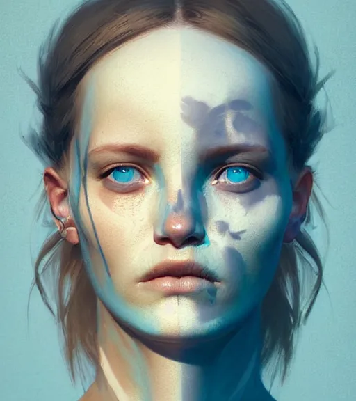 Image similar to portrait of a woman raised on the island face tatooes by greg rutkowski, dynamic lighting, gradient light blue, brown, blonde cream and white color scheme, grunge aesthetic