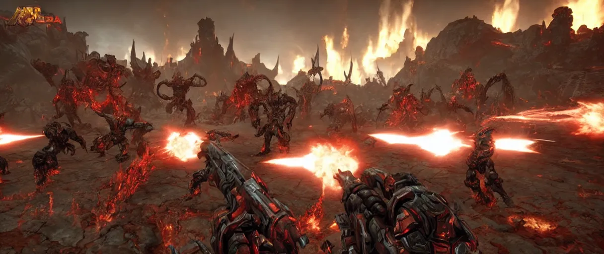 Image similar to doom slayer defeating hordes of demons and creatures on Urdak, wide shot, high detail, photorealistic, “doom eternal”, unreal engine