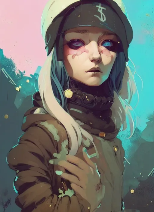 Image similar to highly detailed portrait of a sewer punk lady student, blue eyes, hoodie, tall spiral white hair by atey ghailan, by greg rutkowski, by greg tocchini, by james gilleard, by joe fenton, by kaethe butcher, gradient gold, black, brown and pink color scheme, grunge aesthetic!!! ( ( graffiti tag wall background ) )