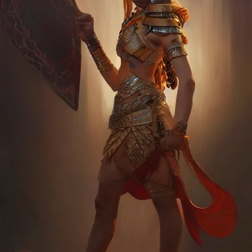 Image similar to female sumerian warrior, painted character portrait, highly detailed, digital painting, artstation, concept art, sharp focus, illustration, art by artgerm and greg rutkowski and alphonse mucha