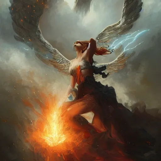 Prompt: An angel throws live coals from the altar upon the earth, resulting in voices, thunder, lightning, and earthquake, a matte masterpiece by Raymond Swanland and Peter Mohrbacher