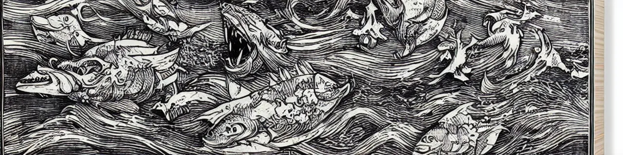 Prompt: Elaborate wallpaper print of Fish Kaiju attacking a boat in the Waves in the style of Albrecht Durer and Martin Schongauer, high contrast finely carved woodcut black and white crisp edges