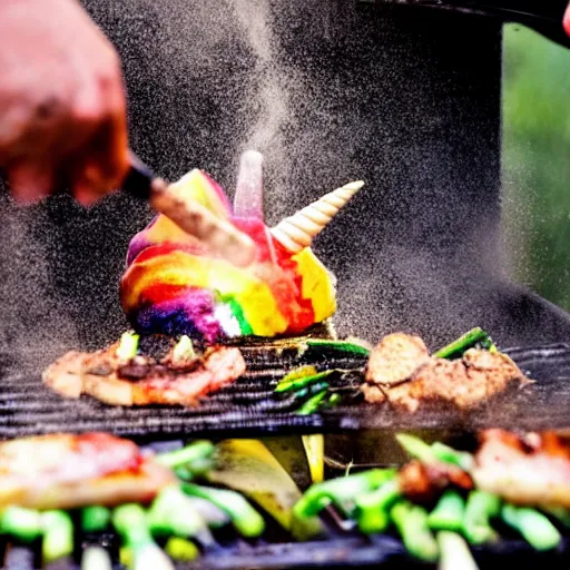 Image similar to photo of a chef cooking a unicorn on a grill