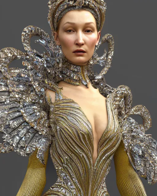 Image similar to a highly detailed metahuman 4 k close up render of a goddess bella hadid monument renaissance in iris van herpen dress schiaparelli in diamonds crystals swarovski and jewelry iridescent in style of alphonse mucha gustav klimt trending on artstation made in unreal engine 4