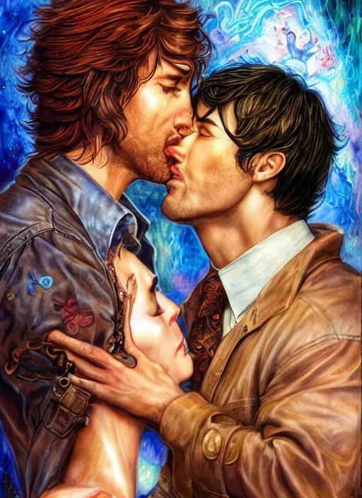 Prompt: John Oliver kissing Sam Winchester, romance book cover style, fantasy style, by Josephine Wall, by Artgerm and Peter Andrew Jones, Ayami Kojima, Amano, and Olivier Ledroit