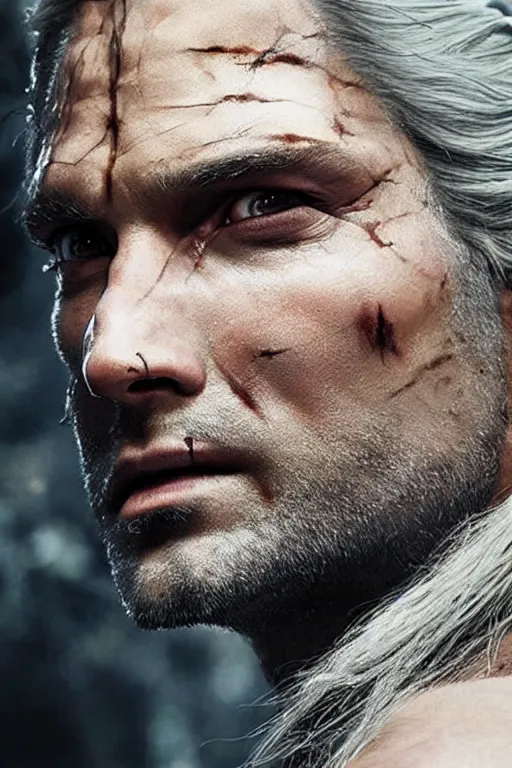 Image similar to the witcher, josh holloway face!!!, masterpiece, white hair, highly detailed face, ultra realistic, concept art, intricate details, highly detailed, photorealistic, octane render, 8 k, unreal engine. horror film still, heavy grain, 3 5 mm, art by artgerm and greg rutkowski and alphonse mucha