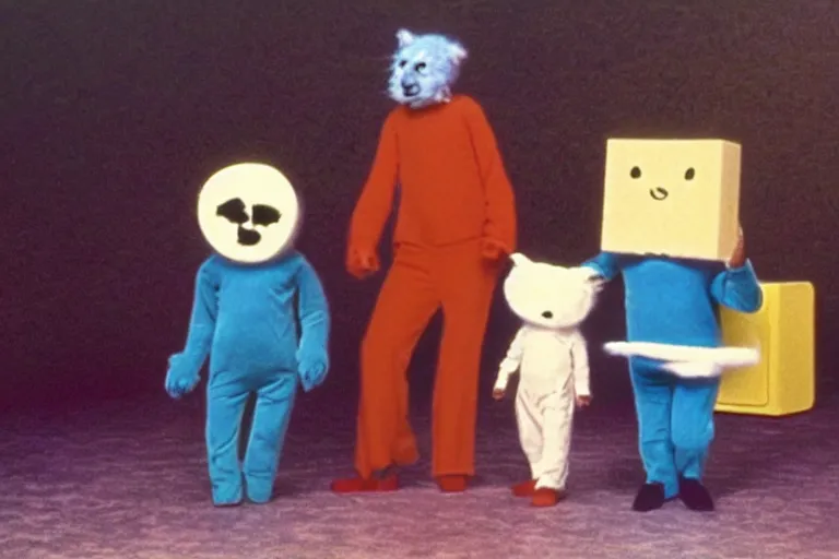 Image similar to color still frame from a surreal 1979 children's tv show with furry ghost, captain dad, and sad cheese puppet playing in a band