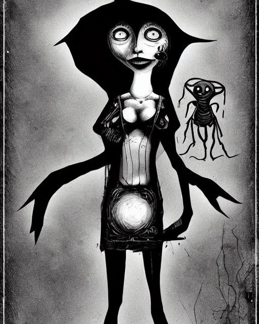 Image similar to a b & w grunge drawing of a pleiadean extraterrestrial, in the style of ryan hewett and a tim burton character, loony toons style, horror themed, detailed, elegant, intricate, trending on artstation, 4 k