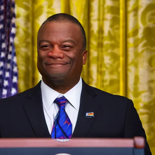 Prompt: president dwayne camacho standing at a podium at the whitehouse press room, portrait photography, 8 k, movie still