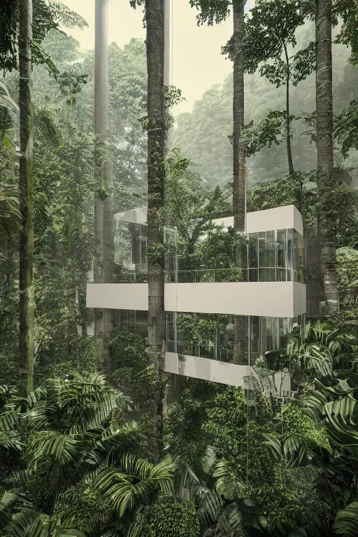 Prompt: architecture inspired by renzo piano deep in the rainforest. nature is taking over. matte painting. octane render. hdr. volumetric lighting. global illumination. atmospheric.