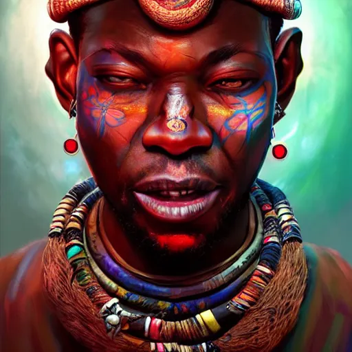 Image similar to an african voodoo shaman with a ruby in his forehead, Apex Legends character digital illustration portrait design, by android jones, detailed, cinematic lighting, wide angle action dynamic portrait