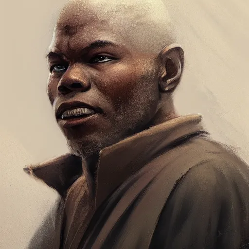 Image similar to portrait of a man by greg rutkowski, old jedi master, black, he looks like john boyega, star wars expanded universe, he is about 6 0 years old, wearing jedi robes, highly detailed portrait, digital painting, artstation, concept art, smooth, sharp foccus ilustration, artstation hq