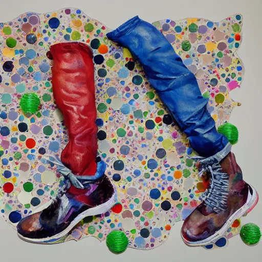 Image similar to A beautiful sculpture. We are racers on an endless highway, driving at each other at high speeds, deciding whether or not to turn away at the last minute. watercolor, shoes by Jacob Hashimoto hyperdetailed