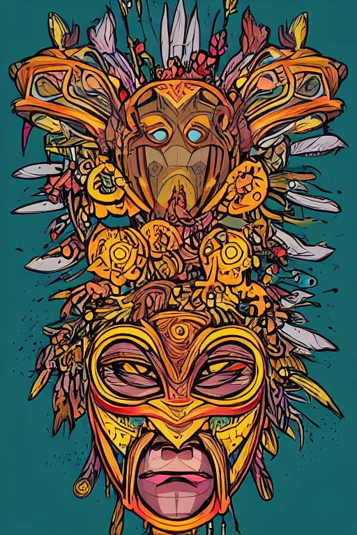 Image similar to animal mask totem roots flower tribal feather gemstone plant wood rock shaman vodoo video game vector cutout illustration vivid multicolor borderlands comics by josan gonzales and dan mumford radiating a glowing aura