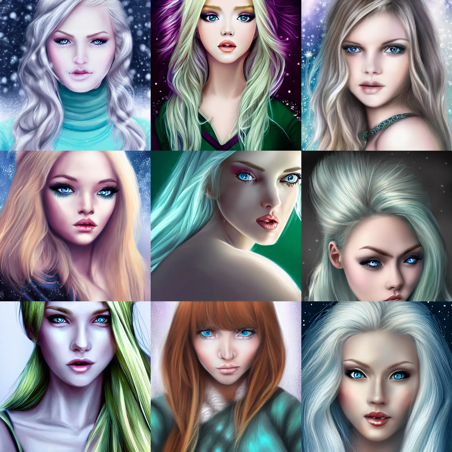 Prompt: young women with blonde hair, ice princess, snow, green eyes, digital art, 4 k hd, very detailed, drawing