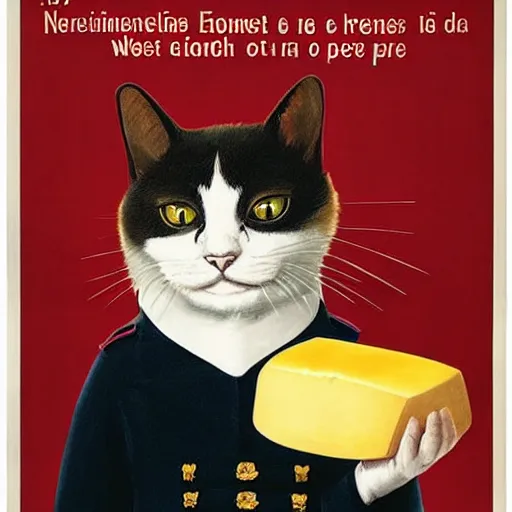 Prompt: a propaganda poster depicting a cat dressed as French emperor Napoleon holding a piece of cheese