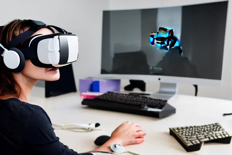 Image similar to A stock photo of a woman sitting at her desk, with a bunch of stuff, wearing a VR-headset, featured on flickr, cluttered