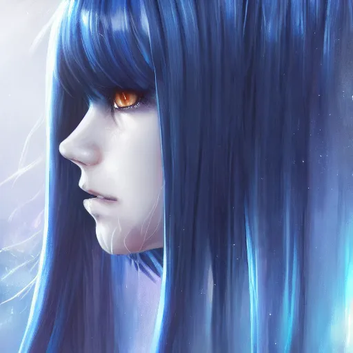 Image similar to full face shot of rimuru tempest, sky blue straight hair, long bangs, with amber eyes, wearing a black jacket, high collar, ultra detailed, brush strokes, skin texture, digital painting, cinematic, wlop artstation, closeup, pixiv, eerie, scary, intimidating glare, evil, junji ito, yoshitaka amano