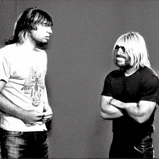 Image similar to Joe rogan interviewing with Kurt Cobain, low quality, vhs quality, late 2000’s