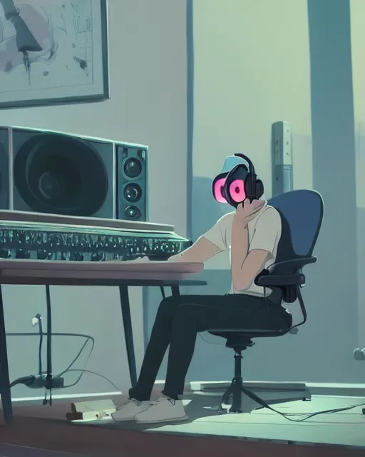 Image similar to man with headphones at his home studio producing music late at night, very detailed, 4 k, cory loftis, james gilleard, atey ghailan, makoto shinkai, goro fujita, studio ghibli, rim light, exquisite lighting, clear focus, very coherent