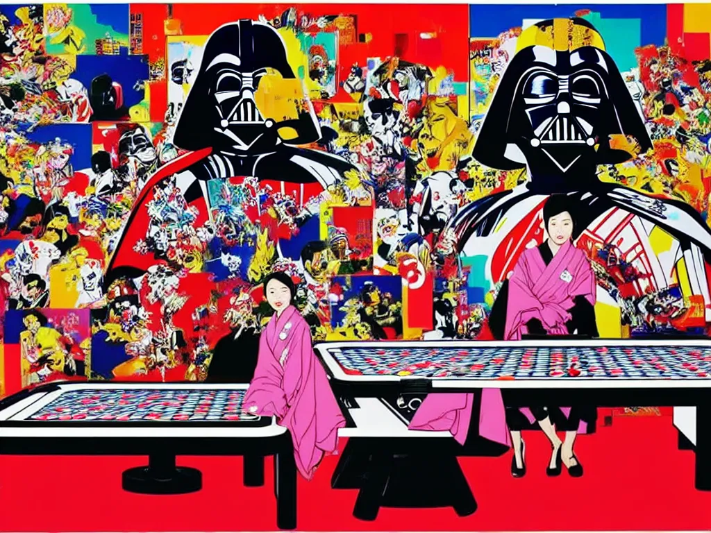 Image similar to hyper - realistic composition of a large room with an extremely detailed poker table in the center, woman in traditional japanese kimono standing nearby, darth vader sitting at the table, fireworks in the background, pop art style, jackie tsai style, andy warhol style, acrylic on canvas, dull palette