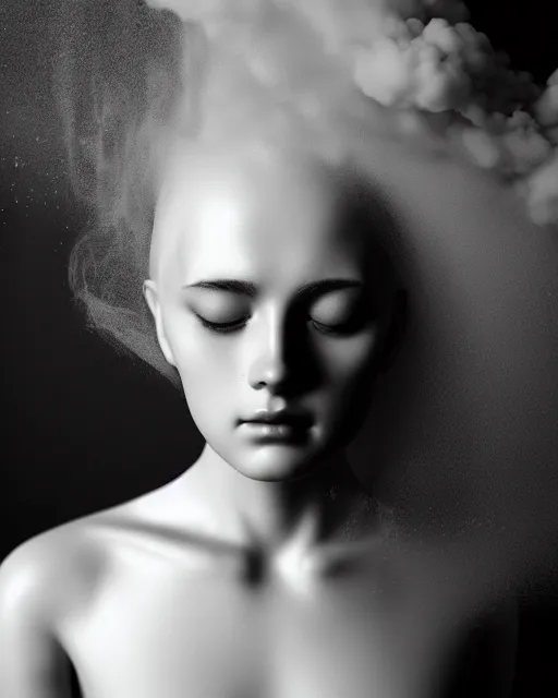 Image similar to monochrome, dreamy, subsurface scattering, white, young beautiful goddess in cosmos with very long white hair floating in air, fluid smoke art, black and white, octane render, dino valls, mark ryden, joe fenton, michal karcz, highly detailed, rim light, art, cinematic lighting, very coherent, hyper realism, 8 k