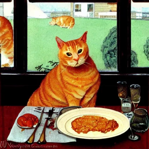 Image similar to fat orange tabby cat eating lasagna on a table, afternoon, norman rockwell, neighborhood outside window