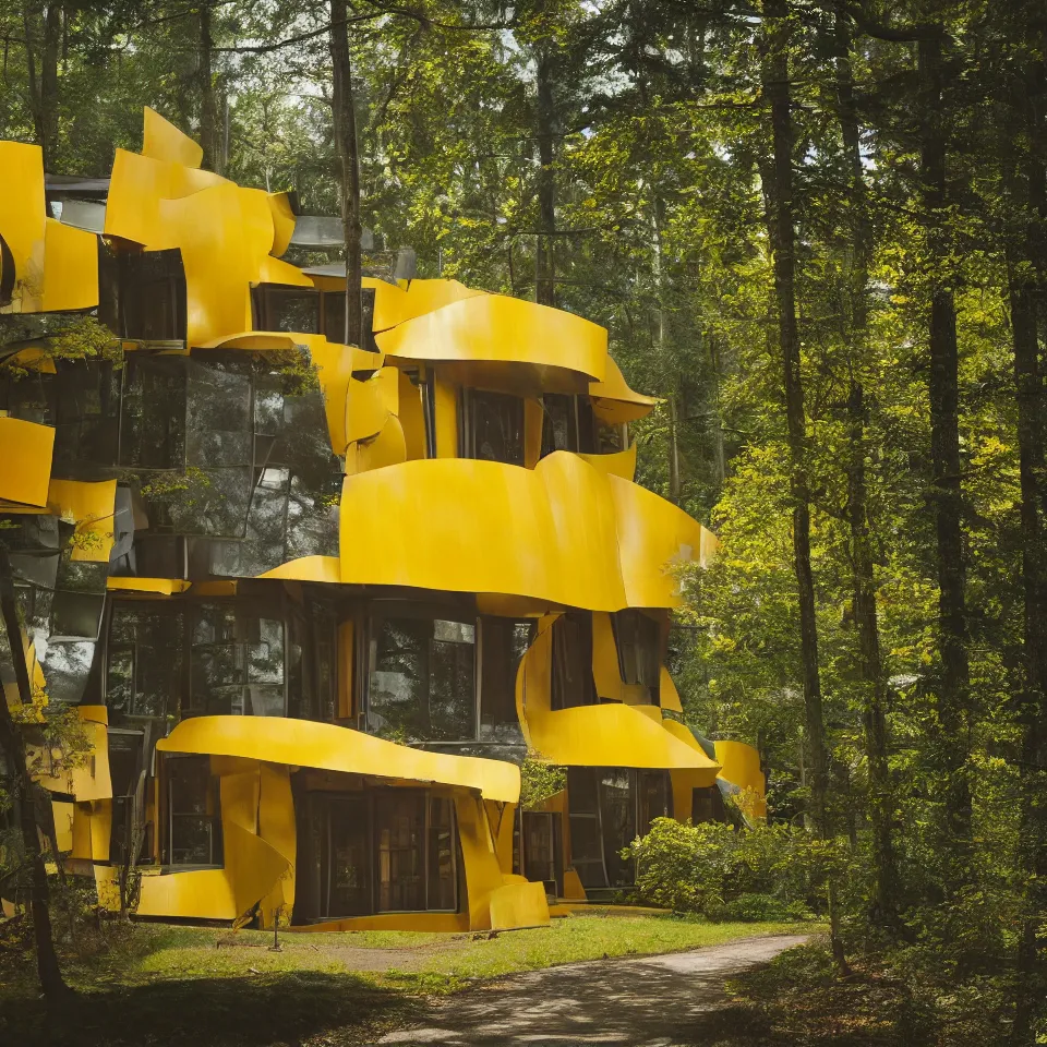 Prompt: architecture ad for a flat mid-century modern house in the forest, designed by Frank Gehry. Film grain, cinematic, yellow hue