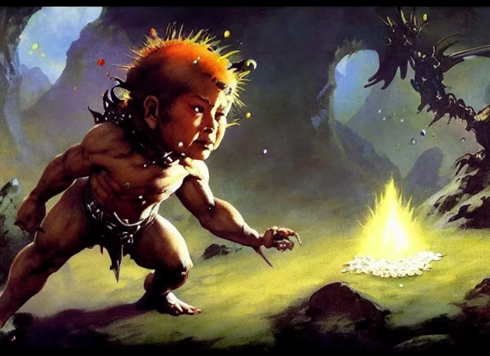 Prompt: magic : the gathering fantasy character concept art by franz frazetta, high resolution. a clear portrait of cute chibi riceballs, bouncing down a mountain path, rice granules scattered all around, fantasy coloring, intricate, digital painting, artstation, smooth, sharp focus
