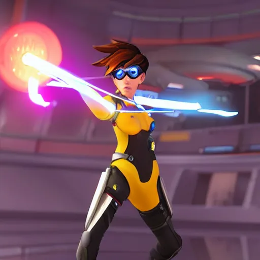 Image similar to digital 3 d artwork of tracer from the game overwatch