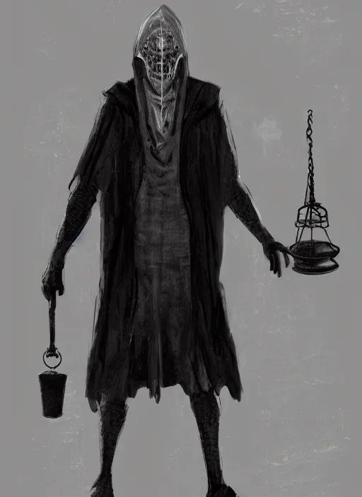 Prompt: judge in a black robe holding a scales of justice in one hand and a gavel in the other hand, dead by daylight killer, concept art, 4k