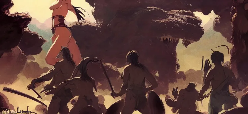 Prompt: a monster stalks a group of adventuring mercenaries, digital painting masterpiece, by ilya kuvshinov, by frank frazetta, by mœbius, by reiq, by hayao miyazaki, intricate detail, beautiful brush strokes, advanced lighting technology, 4 k wallpaper, interesting character design, stylized yet realistic anatomy and faces, inspired by kill bill animated scene
