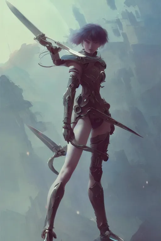 Prompt: girl full body with armor fighting with ten sword flying around her by hsiao ron cheng, by gaston bussiere, anna nikonova aka newmilky, greg rutkowski, yoji shinkawa, yoshitaka amano, trending on artstation, featured on pixiv, cinematic composition, 8 k