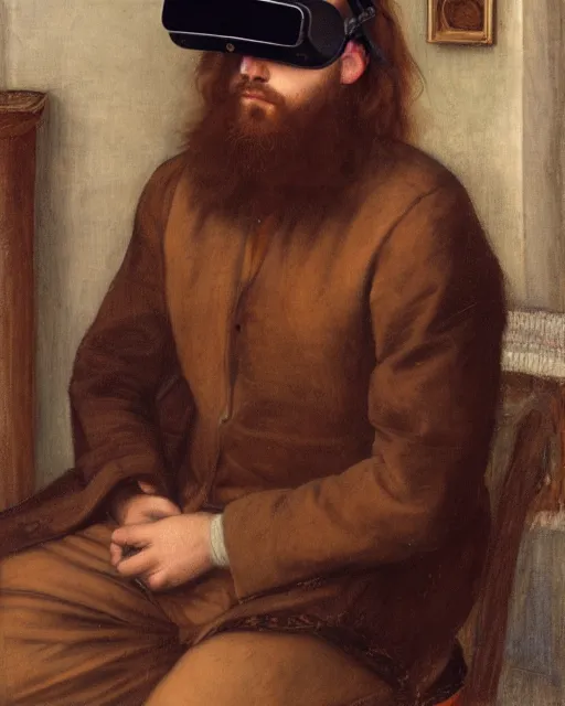 Image similar to Pre-Raphaelite portrait of a young beautiful brown-haired bearded male sitting in office wearing vr-headset