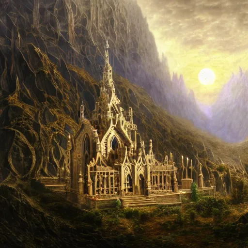 Image similar to a beautiful and highly detailed matte painting of an elven palace carved out of a mountain, celtic knots, epic scale, insanely complex, hyperdetailed, sharp focus, hyperrealism, artstation, cgsociety, 8 k, by caspar friedrich, albert bierstadt, james gurney, brian froud,