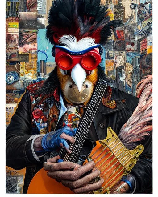 Image similar to a portrait of an anthropomorphic cyberpunk rooster picking on a banjo by sandra chevrier, by jon foster, detailed render, tape deck, epic composition, cybernetics, 4 k realistic, cryengine, realistic shaded lighting, sharp focus, masterpiece, by enki bilal