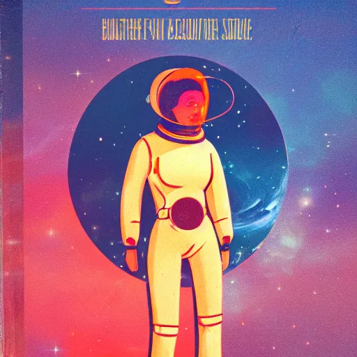 Image similar to vintage sci-fi book cover, a beautiful woman in a spacesuit, warm azure tones, red color bleed, light effects, lit from behind, film grain