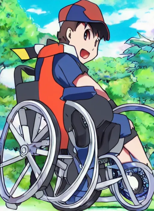 Image similar to a pokemon trainer traveling in a wheelchair, anime, art by ken sugimori