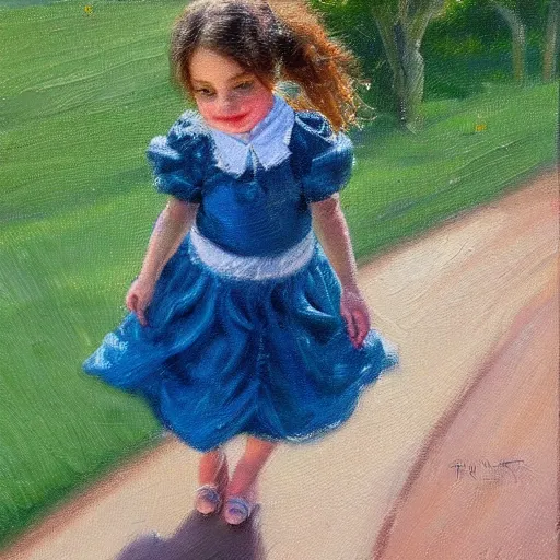 Prompt: a little girl in a ruffled dress, oil painting in style of Thomas Kinkade