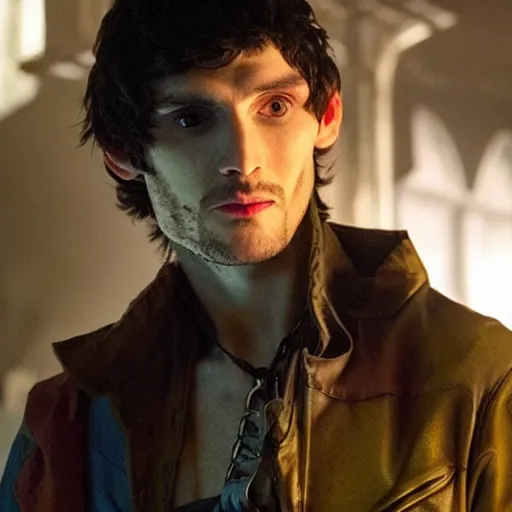 Image similar to Colin Morgan as Cyberpunk Merlin