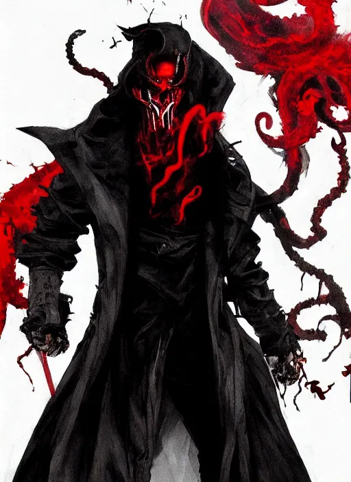 Image similar to half body portrait of an evil deity, a squid man in black mask and black rugged long trench coat made of smoke, red aura. in style of yoji shinkawa and hyung - tae kim, trending on artstation, dark fantasy, great composition, concept art, highly detailed, dynamic pose.