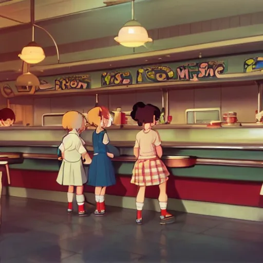 Image similar to a wholesome animation key shot of kids at a 5 0 s diner!!!, medium shot, studio ghibli, pixar and disney animation, sharp, very detailed, high resolution, rendered in unreal engine 5, anime key art by greg rutkowski, bloom, dramatic lighting