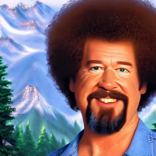 Image similar to a closeup photorealistic photograph of bob ross as kenny powers. mountains and trees. film still. brightly lit scene. this 4 k hd image is trending on artstation, featured on behance, well - rendered, extra crisp, features intricate detail, epic composition and the style of unreal engine.