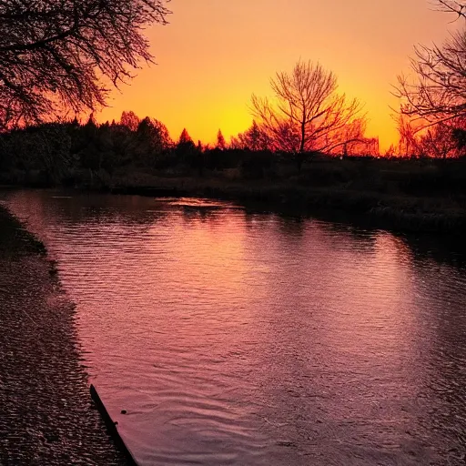 Image similar to a tree in a river, sunset, retrowave