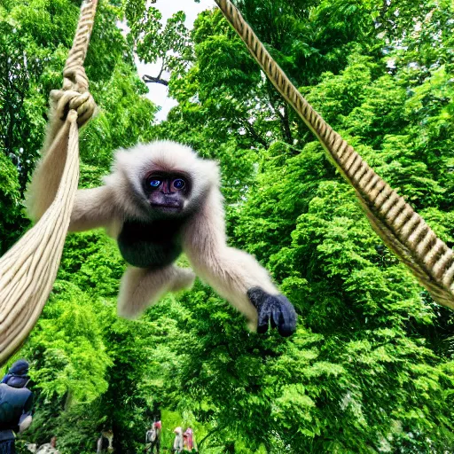 Image similar to gibbon hanging upside down from rope attached to hot - air balloon, smiling at camera, exaggerated perspective