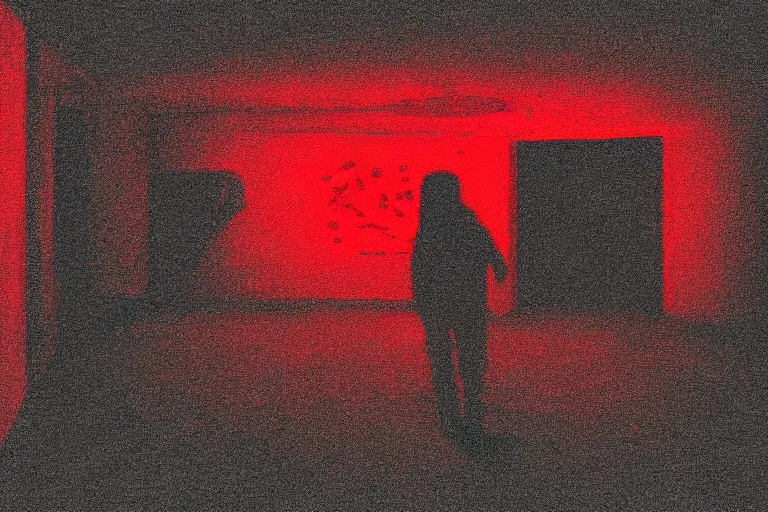 Image similar to cctv footage of an extremely dark empty room with evil horror humanoid cryptid monster made out of static, dark deep black shadows, crimson red and black color contrast in the style of trevor henderson and james ensor goya, liminal space, 3 d render, glitch effect