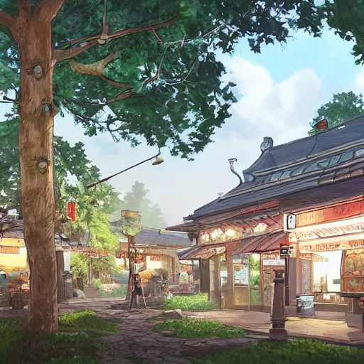 Image similar to concept art painting of a historic bakery with european and japanese architecture, in a woodland village surrounded by trees, realistic, detailed, cel shaded, in the style of makoto shinkai and greg rutkowski and james gurney